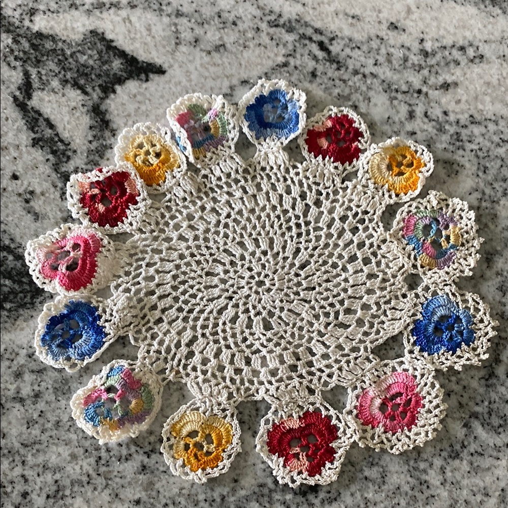 Handmade Vintage 9” Crochet Doily with Multicolor Flower Edge!